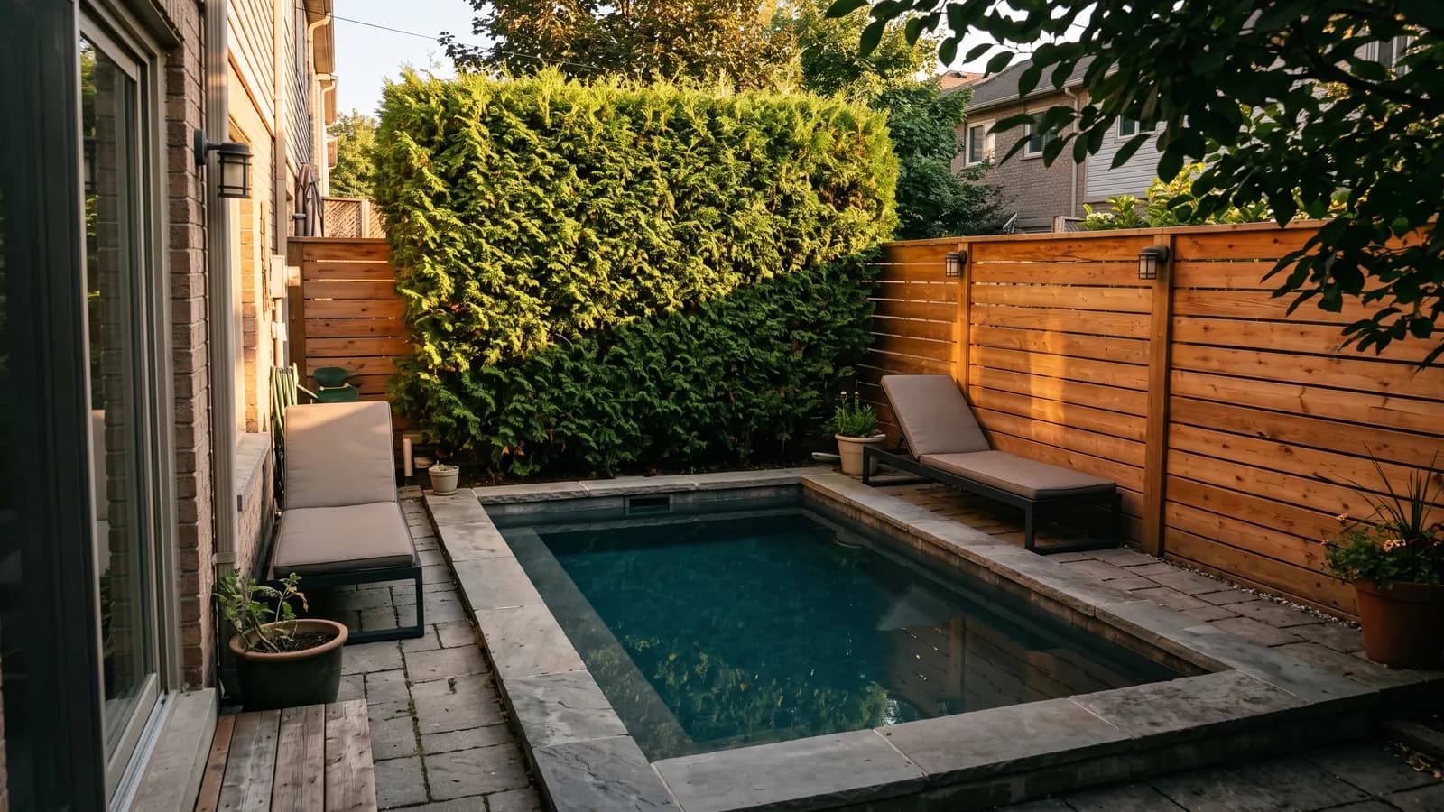 A compact 8 by 12 foot plunge pool with gray stone coping in the corner of a small townhouse yard with a clipped hedge