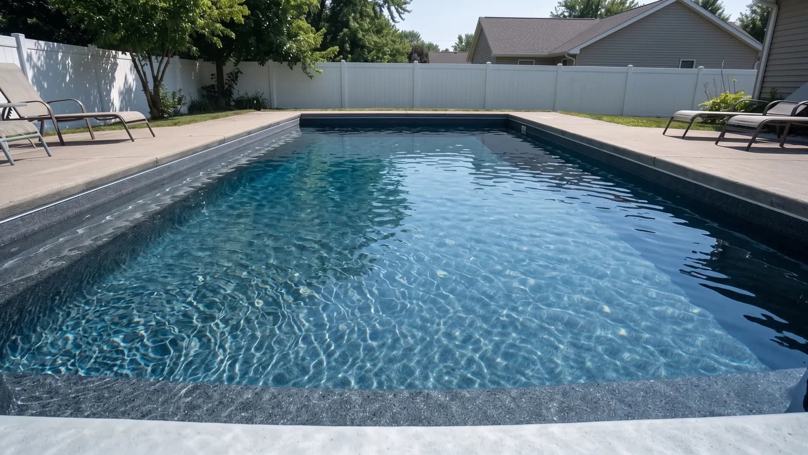The same pool with a charcoal gray quartz finish that makes the water a deep navy blue reflecting the sky