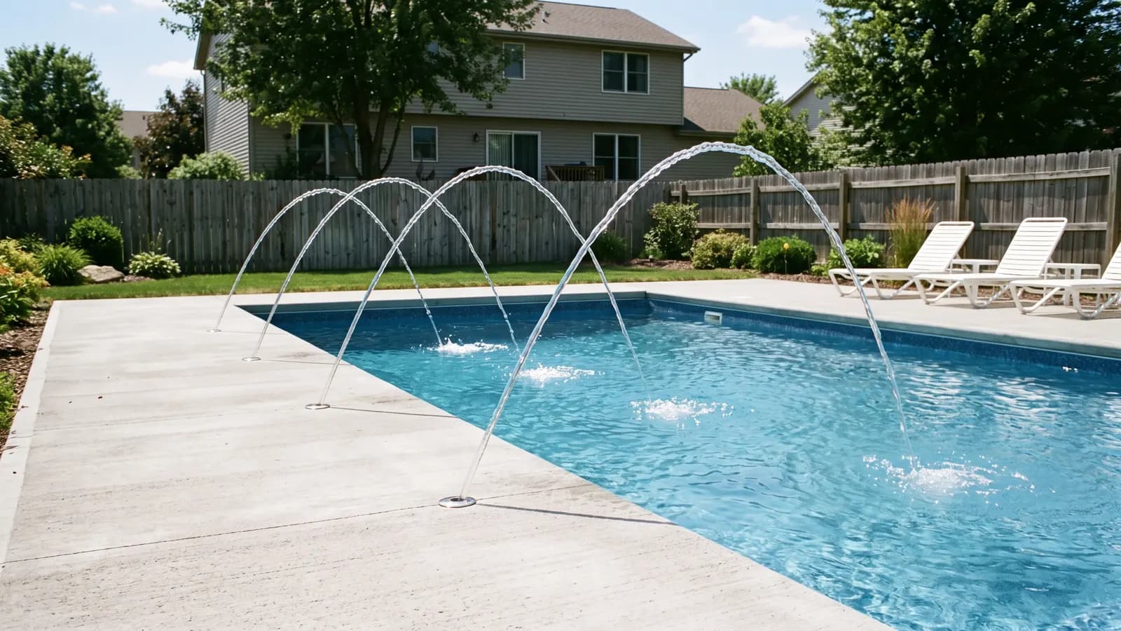 Four deck jets shooting thin arcs of water from a concrete deck into a rectangular pool on a sunny day