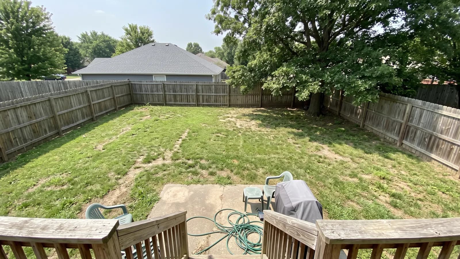 Pool design ideas start from an ordinary flat backyard like this one, with a worn lawn, a cedar privacy fence, an oak tree and a small concrete patio