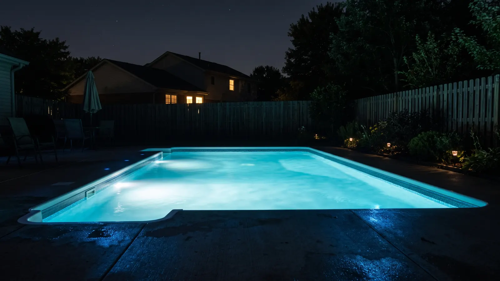 A suburban backyard pool at night lit from underwater by LED lights, the water glowing soft aqua blue