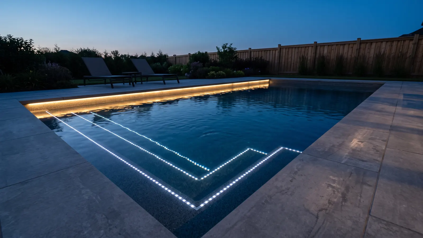 A pool at dusk with small LED step lights outlining each tread and warm light washing down from under the coping