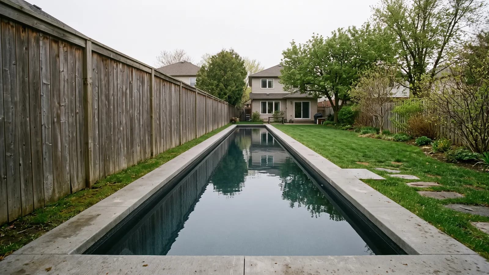 A long narrow lap pool with a dark gray interior running straight along the side fence of a narrow backyard