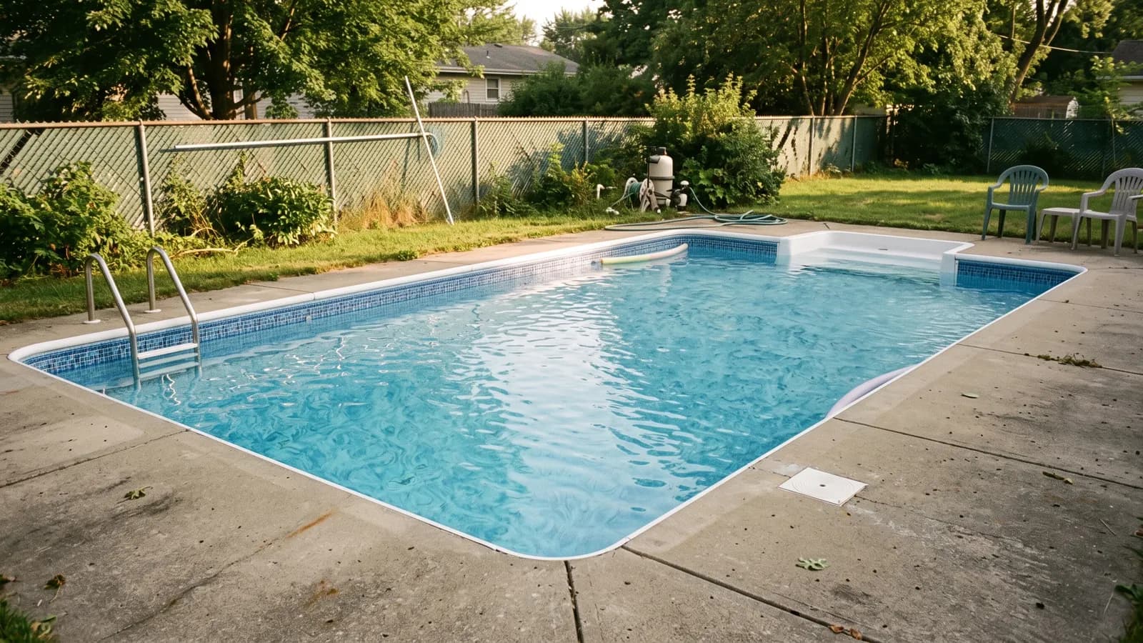 A rectangular vinyl liner pool with a printed mosaic border pattern and a marbled light blue floor in a Midwest backyard