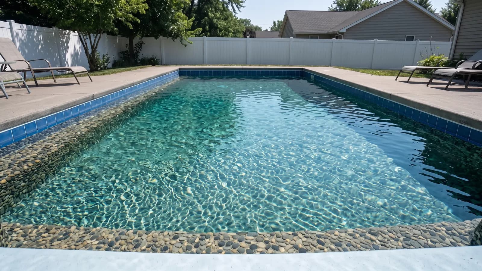 The same pool with a natural pebble interior in tan, gray and black that turns the water a deeper teal