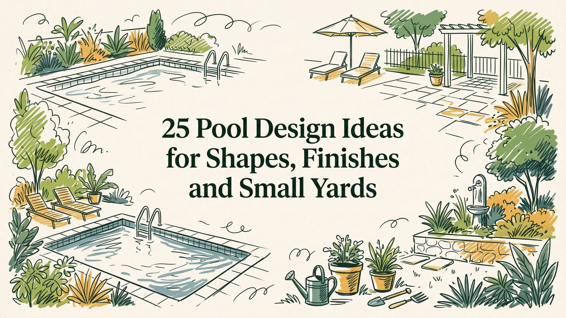 Pool design ideas illustration with two tiled rectangular pools, lounge chairs, an umbrella, a pergola and potted plants