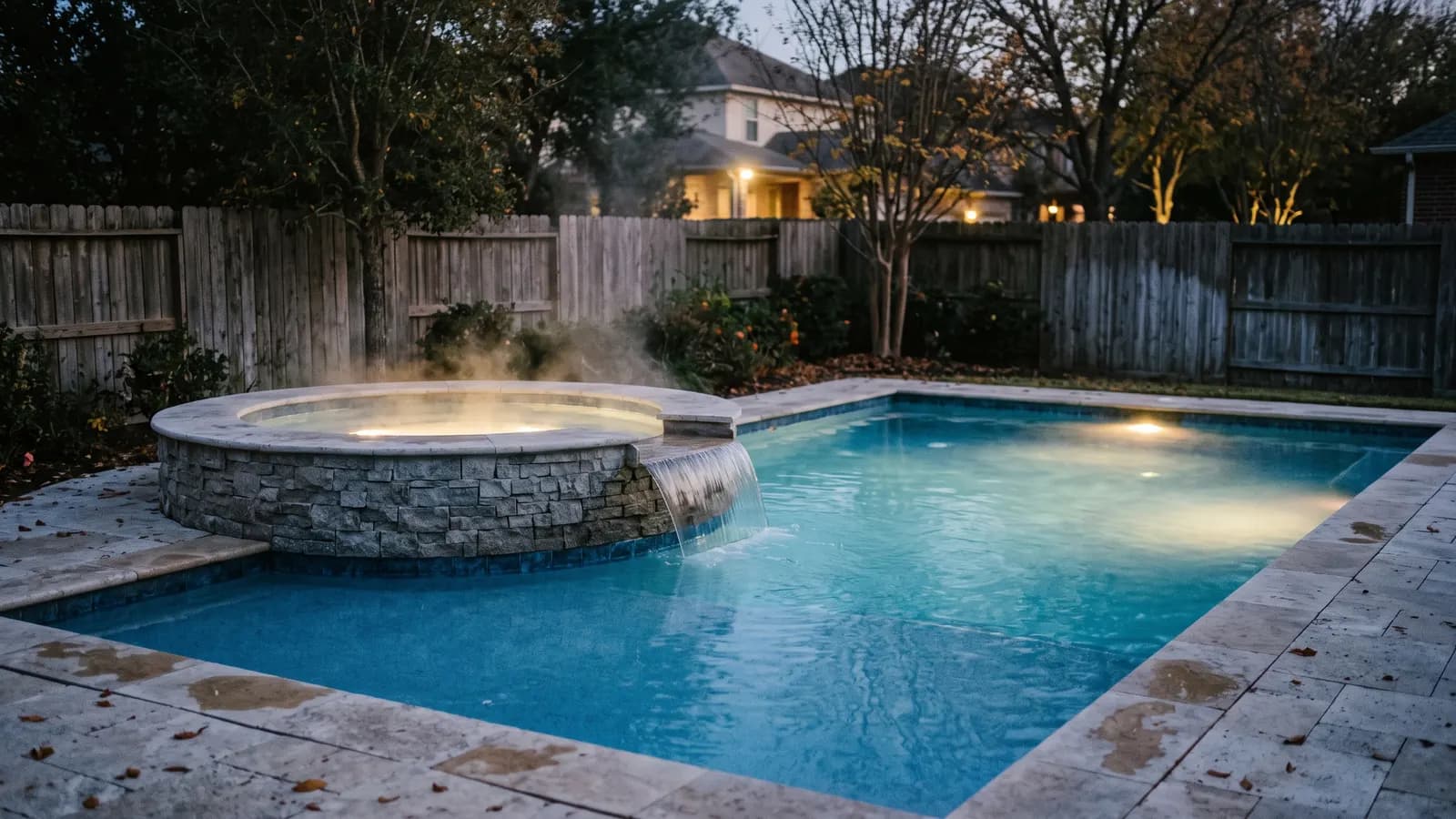 A round raised spa clad in stacked stone spilling a sheet of water into a rectangular pool at dusk