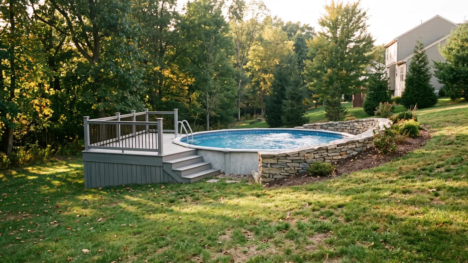 A semi-inground oval pool built into a sloping yard, level with the ground uphill and wrapped in a gray composite deck downhill
