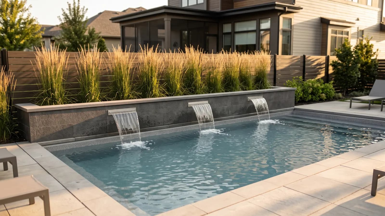 Three stainless steel sheer descent spouts pouring flat sheets of water from a low tiled wall into a rectangular pool
