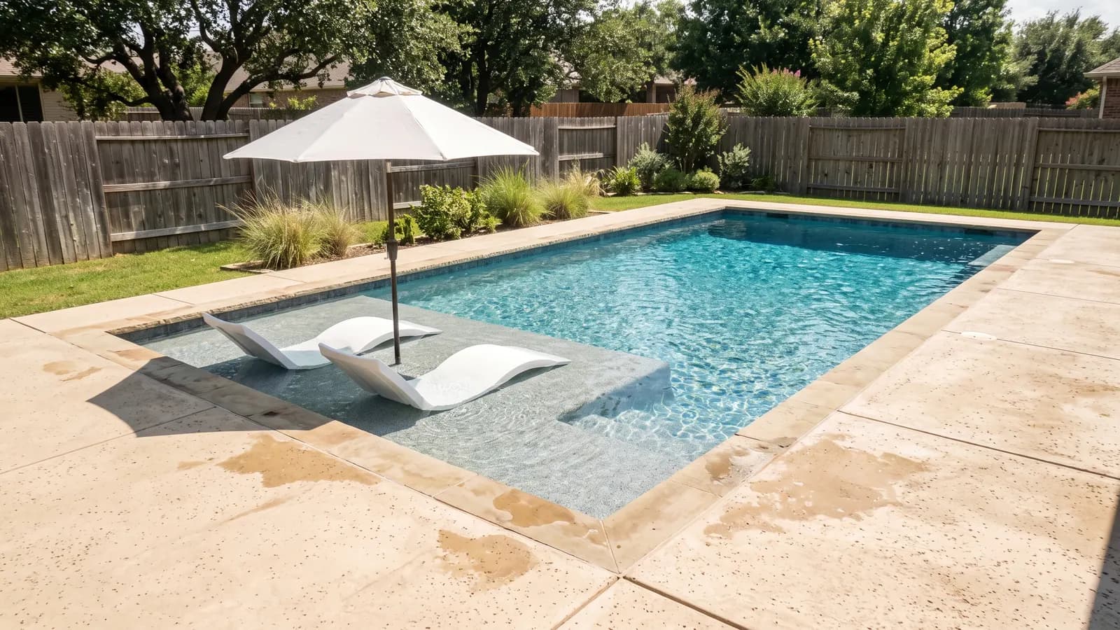An inground pool with a wide shallow tanning ledge holding two in-pool lounge chairs and an umbrella in a Texas backyard