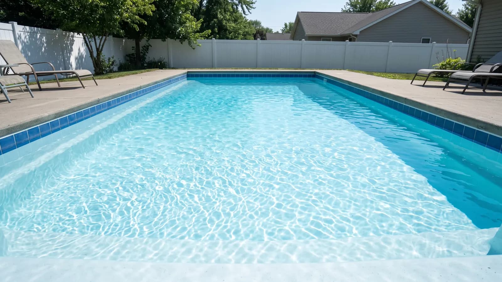 A rectangular inground pool with a white plaster interior, bright light blue water and a single row of blue waterline tile