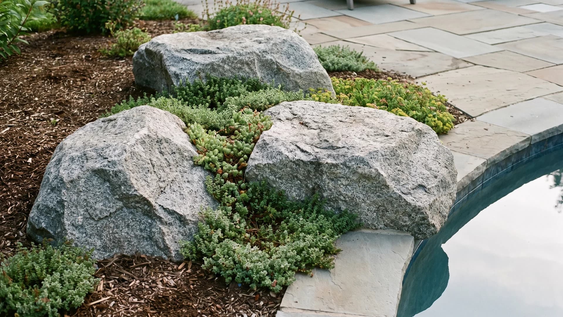 Three large boulders grouped in a planting bed beside a pool