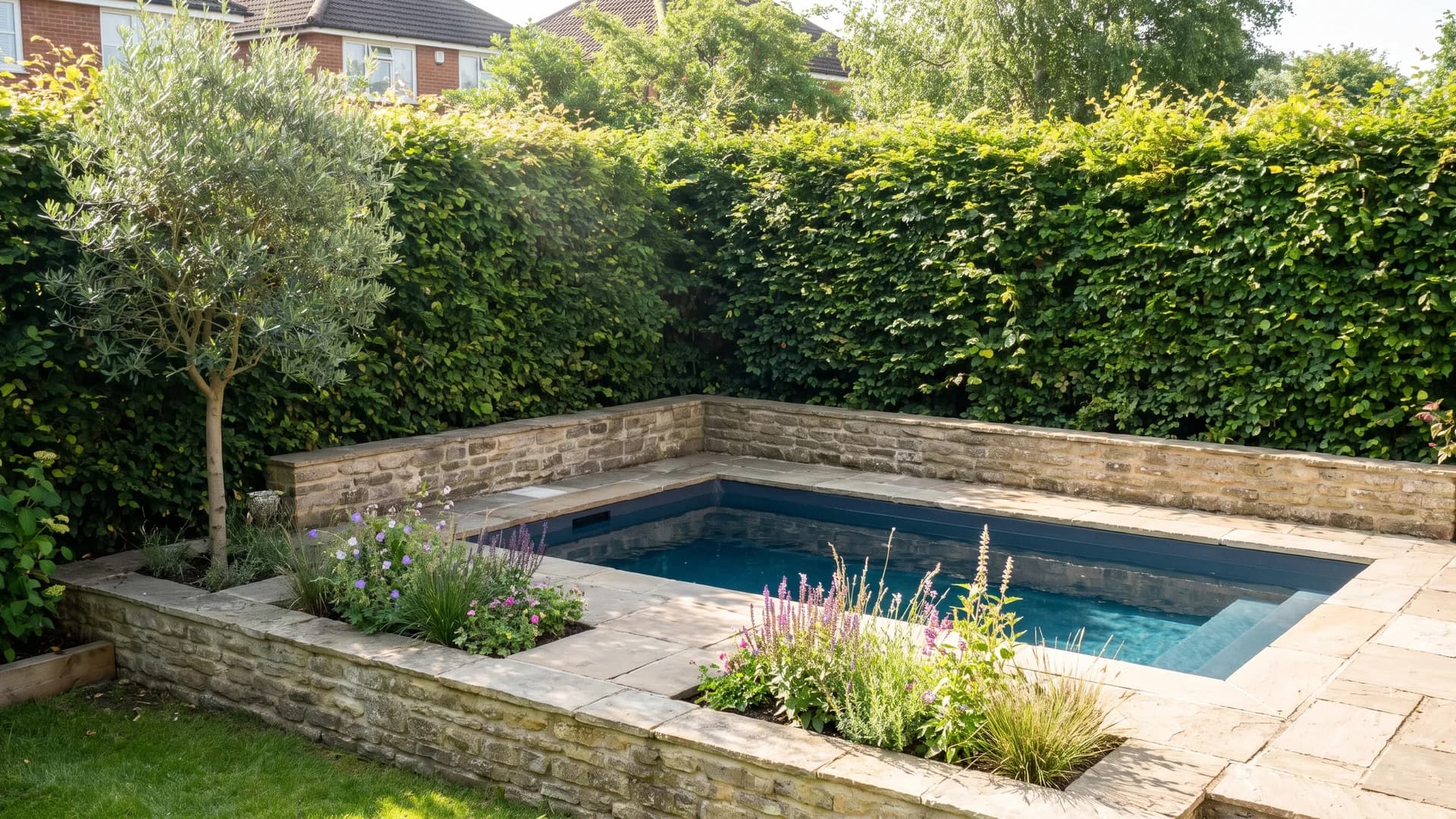 Small backyard plunge pool with tight landscaping on all sides