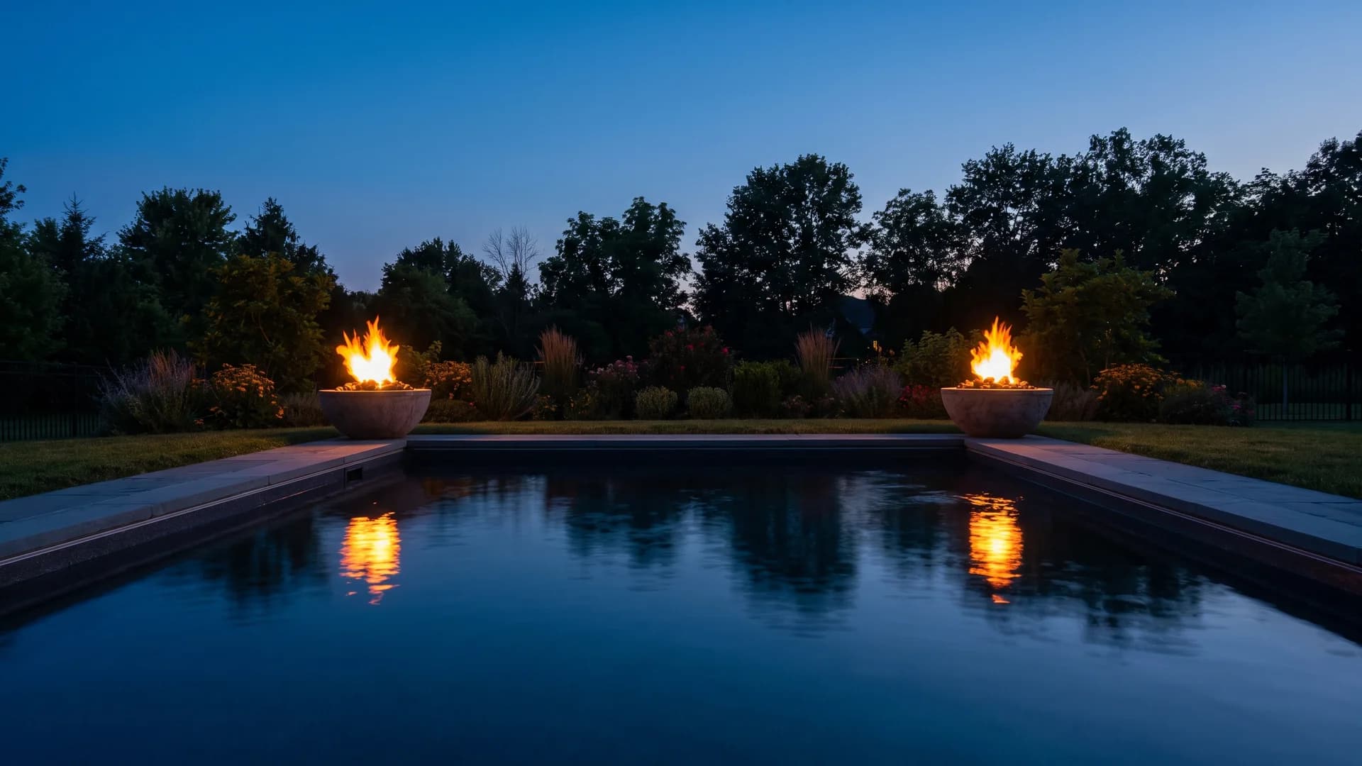 Two fire bowls glowing at the corners of a pool at dusk