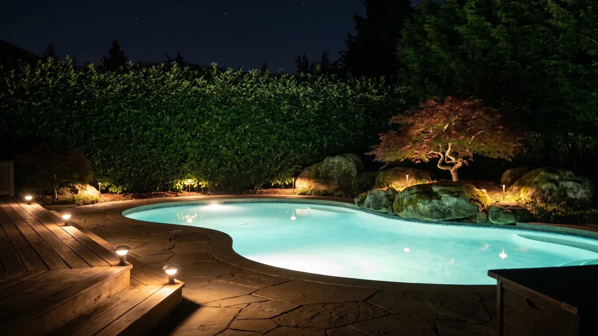 Low landscape lighting on plants and path around a pool at night