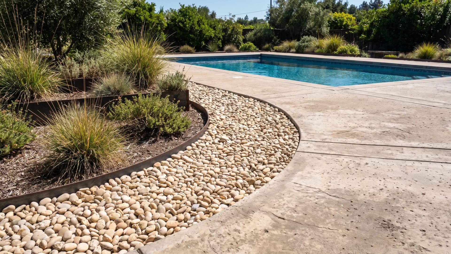 Light beige pebble surround between a pool deck and planting beds