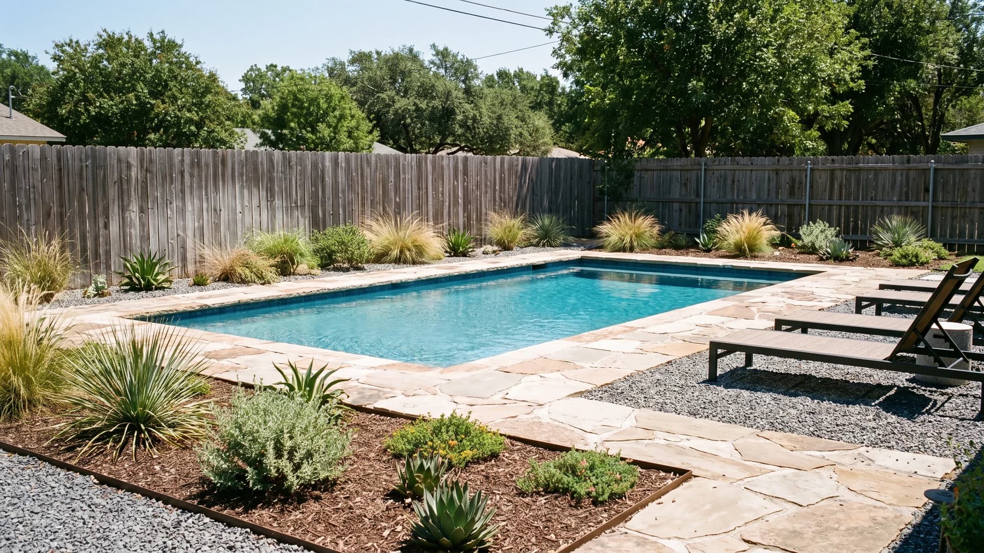 Gravel and stone surround replacing lawn around a backyard pool