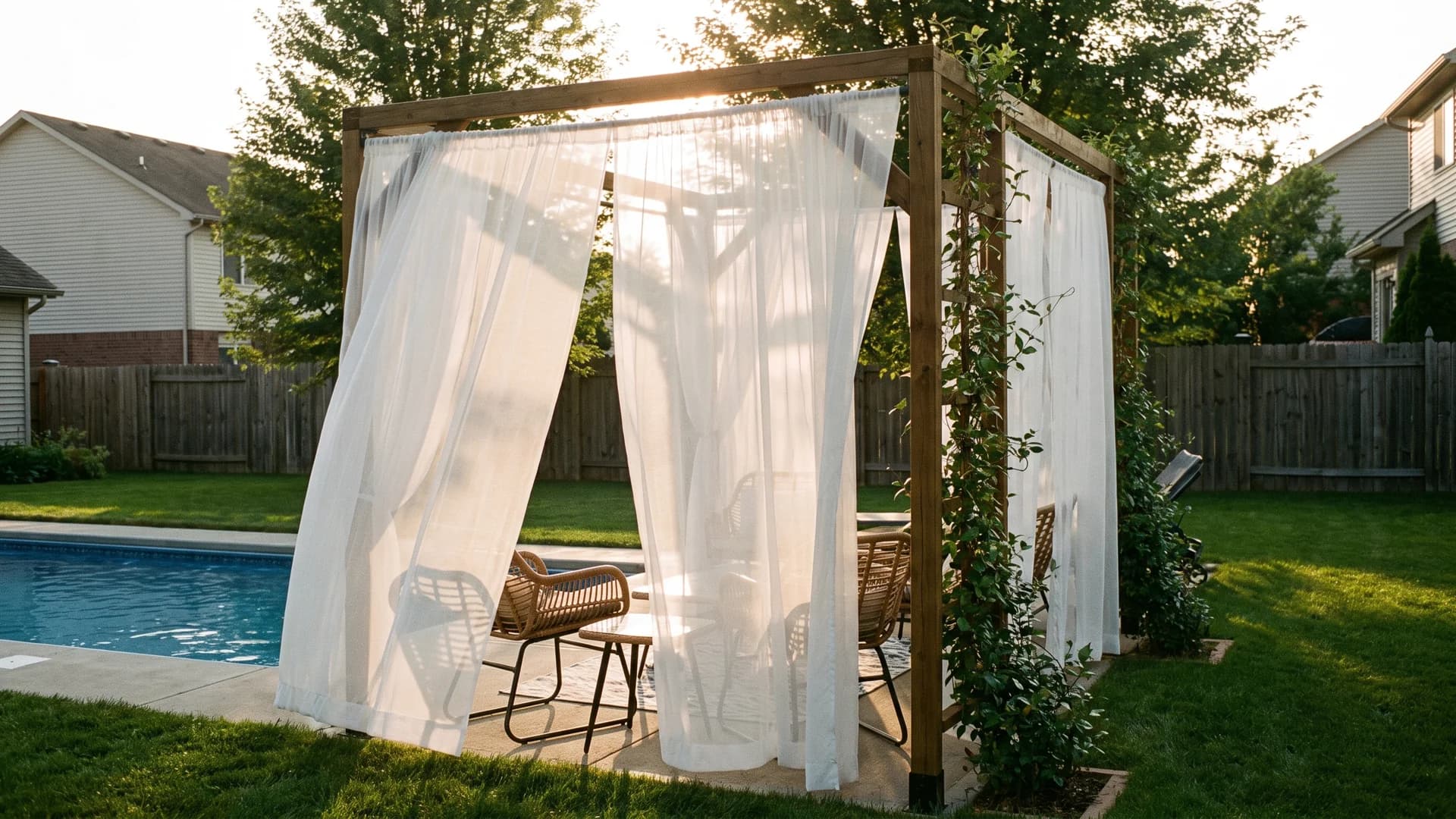 Outdoor curtains on a pergola frame creating a private poolside corner