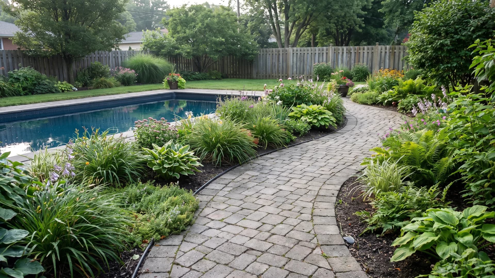 Paver path curving around the back side of an inground pool with plantings