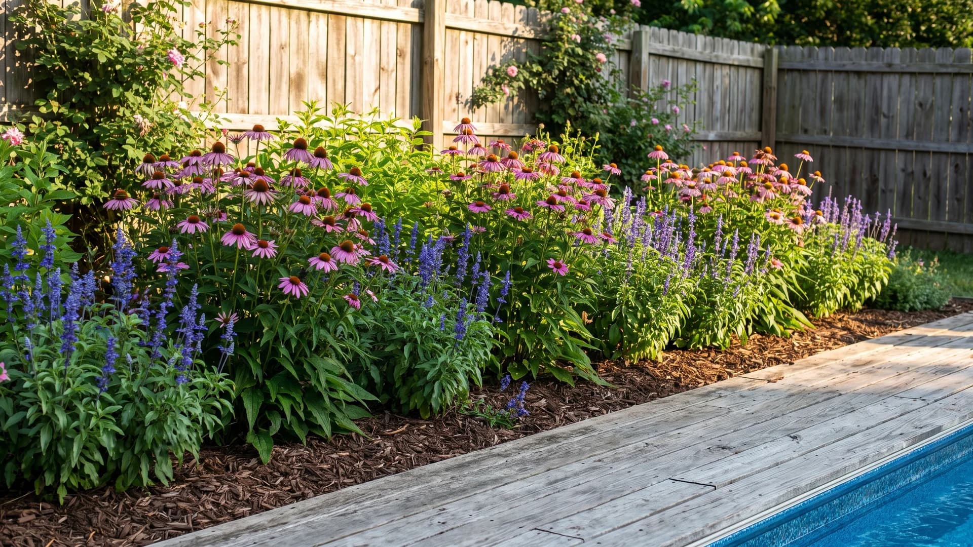 Perennial border of coneflower and salvia set back from a pool on mulch