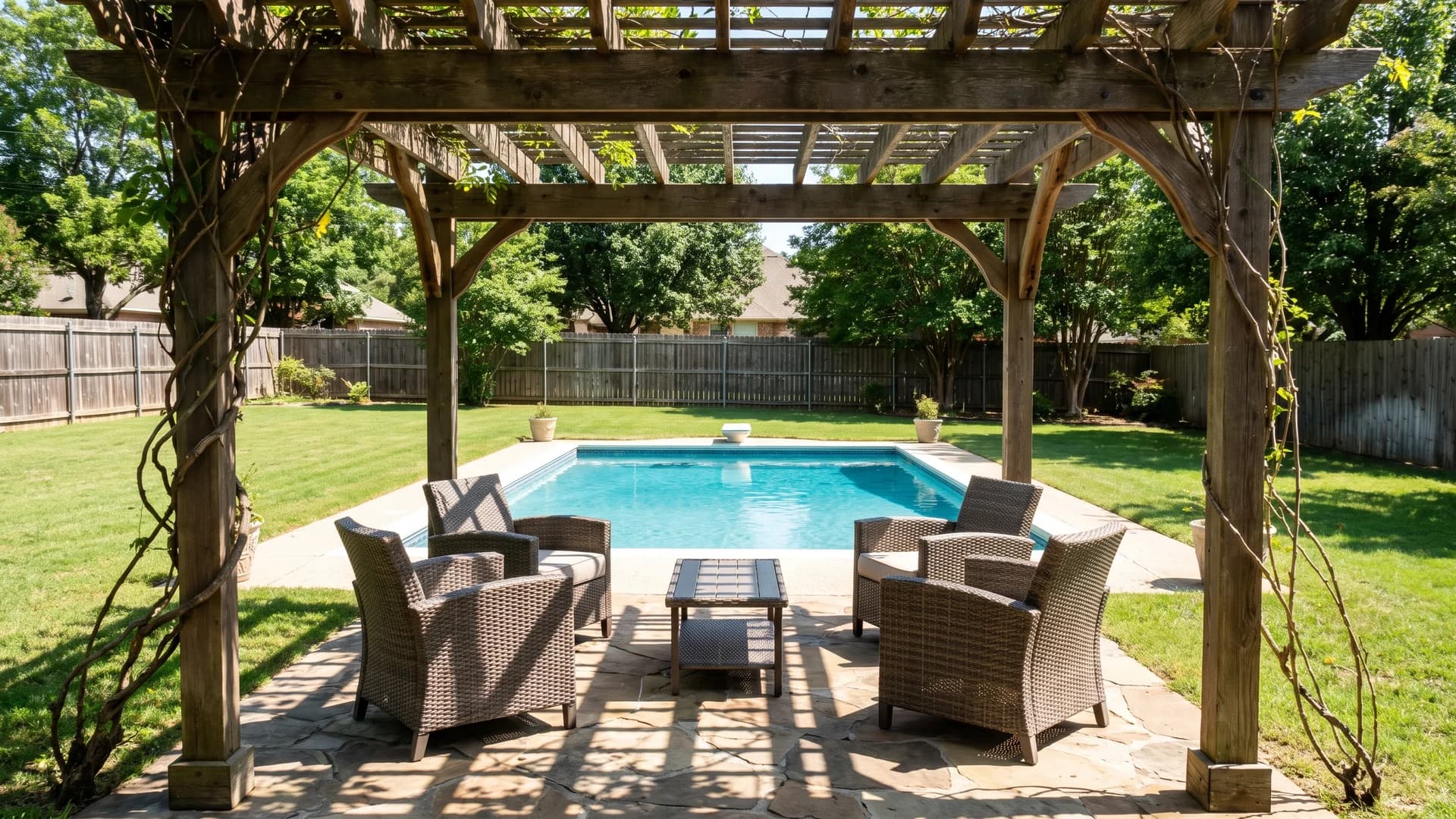 Wood pergola shading a seating area at one end of a backyard pool