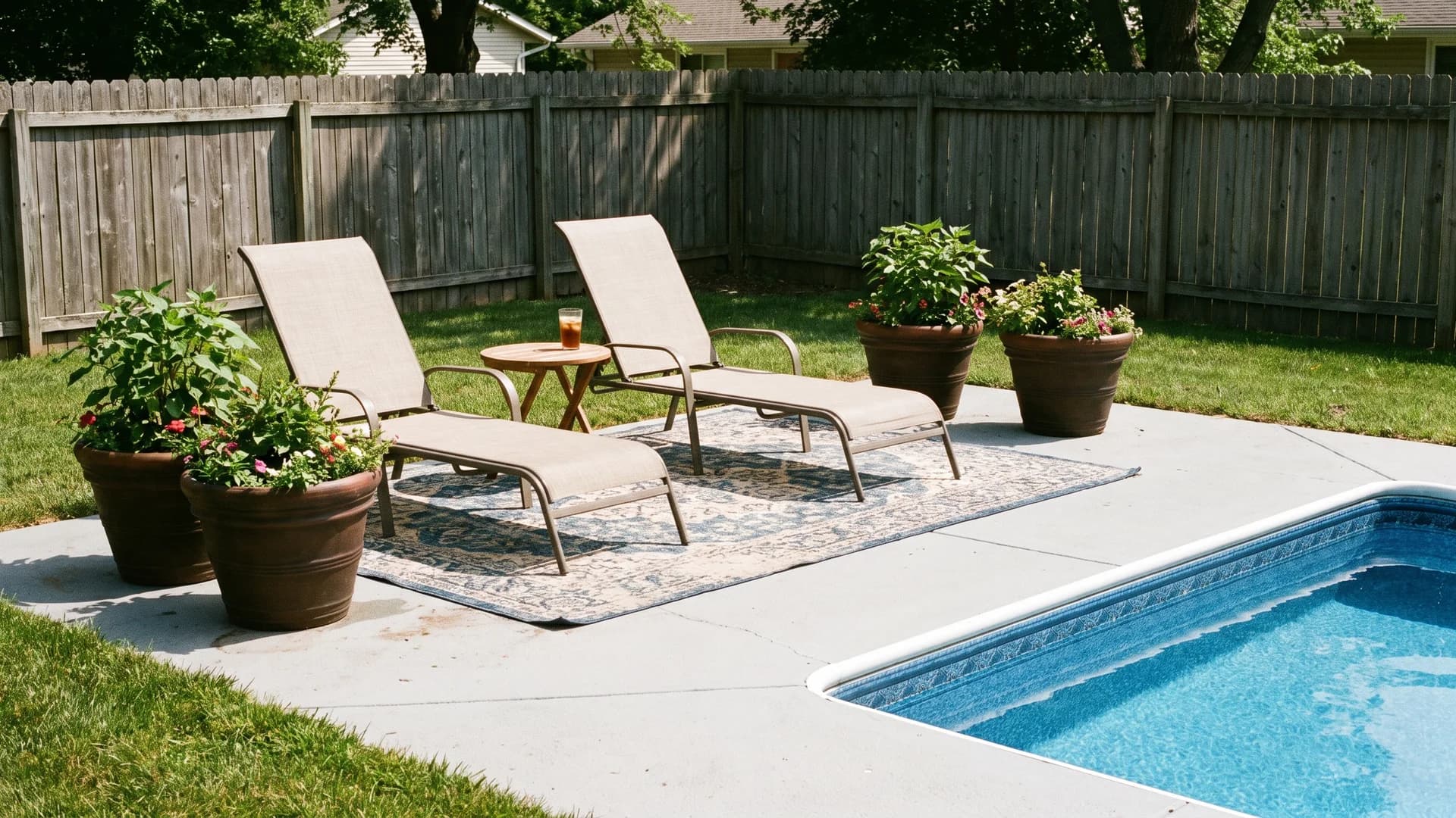 Grouped planters and simple lounge seating styling a plain pool deck