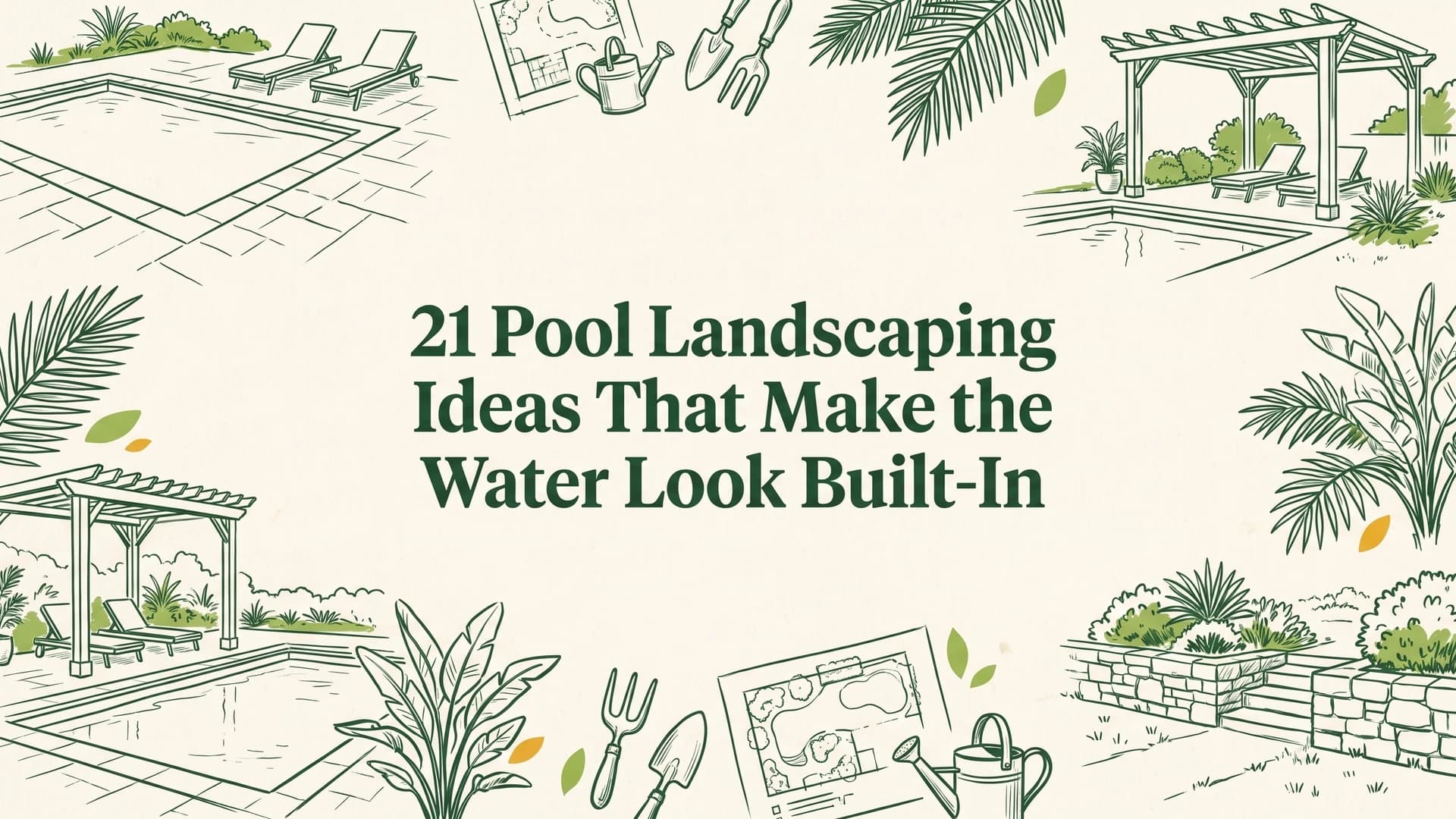 Pool landscaping ideas shown around a backyard inground pool with plants, stone deck, and lighting
