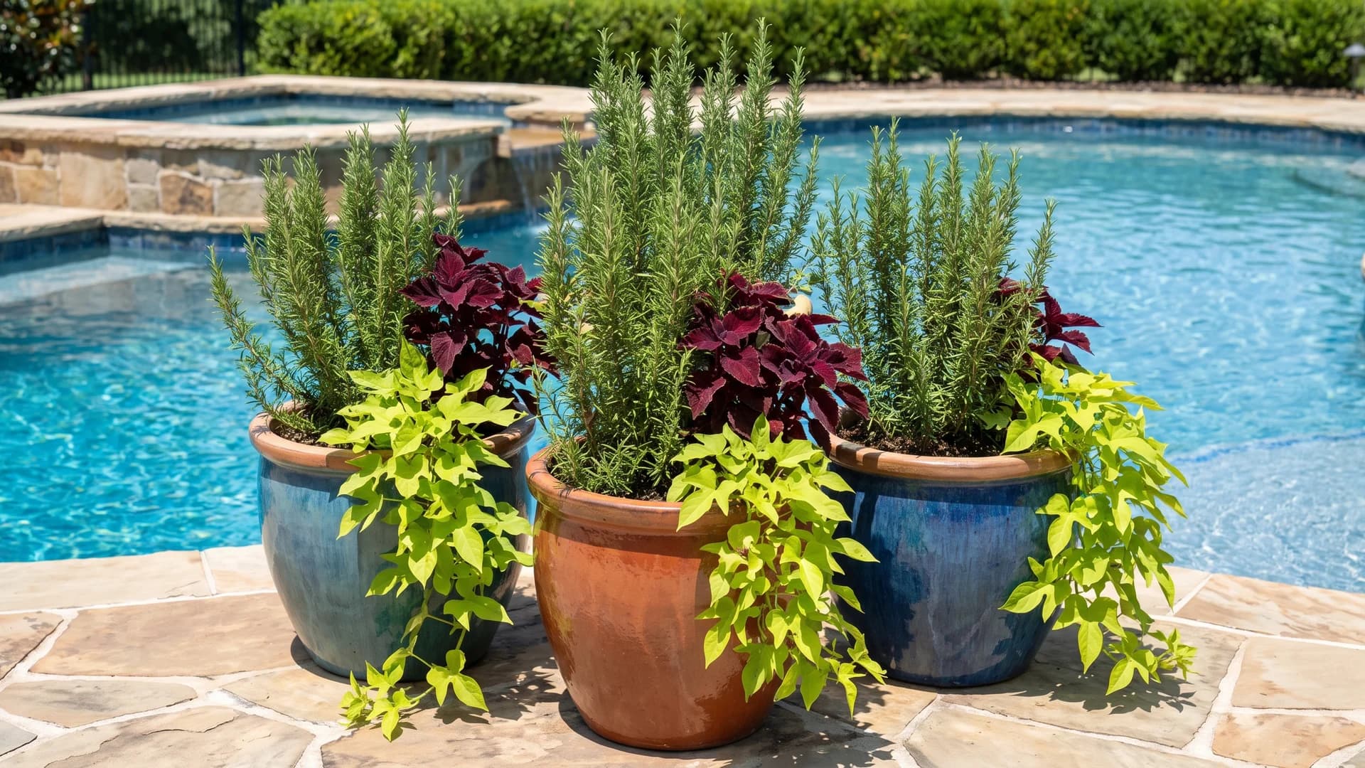 Three large poolside planters with rosemary, red coleus, and sweet potato vine
