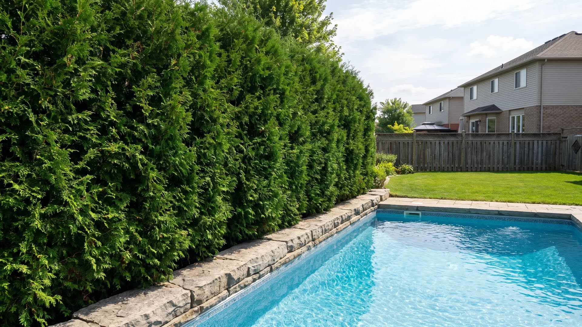 Pool landscaping ideas with an evergreen privacy hedge along a backyard inground pool