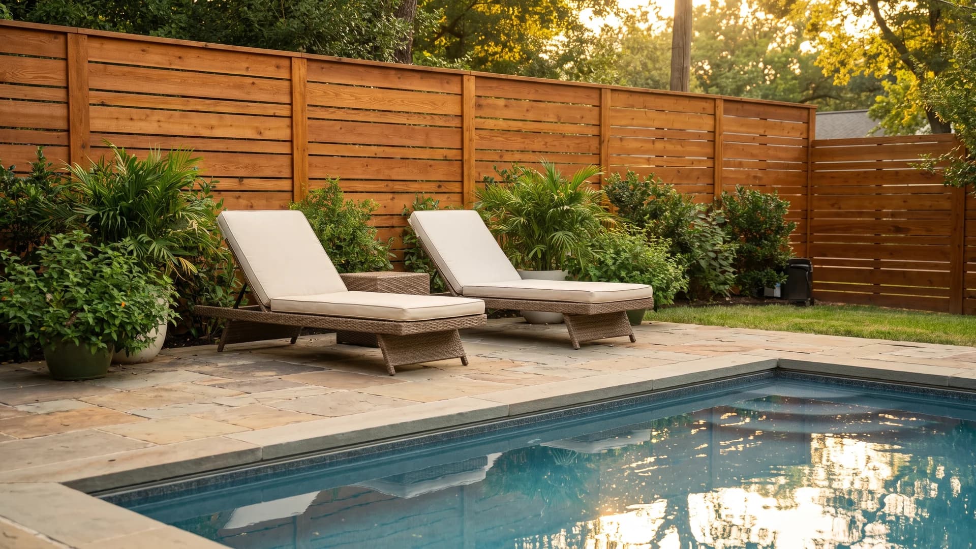 Horizontal wood slat privacy wall behind pool loungers