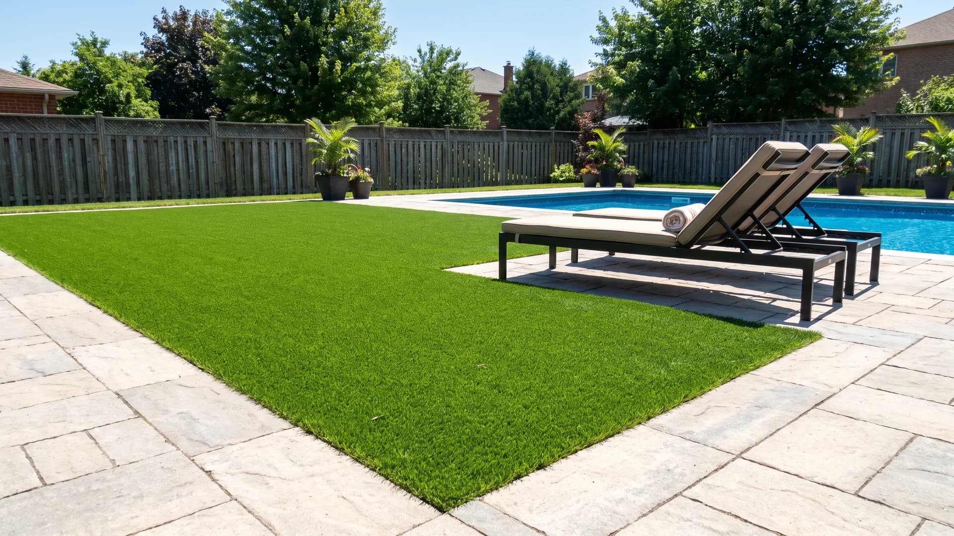 Neat synthetic turf panel beside a pool deck with loungers