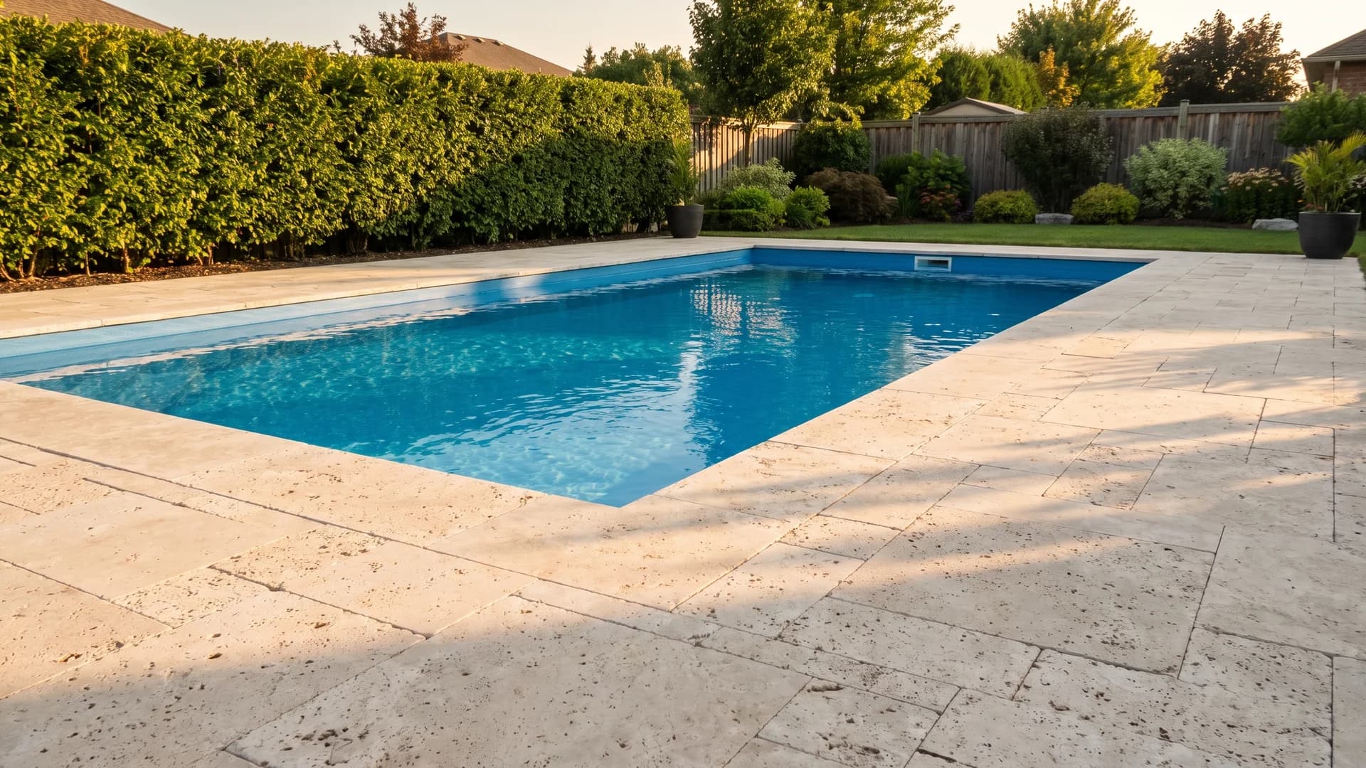 Travertine pool deck edge with clean coping around blue water