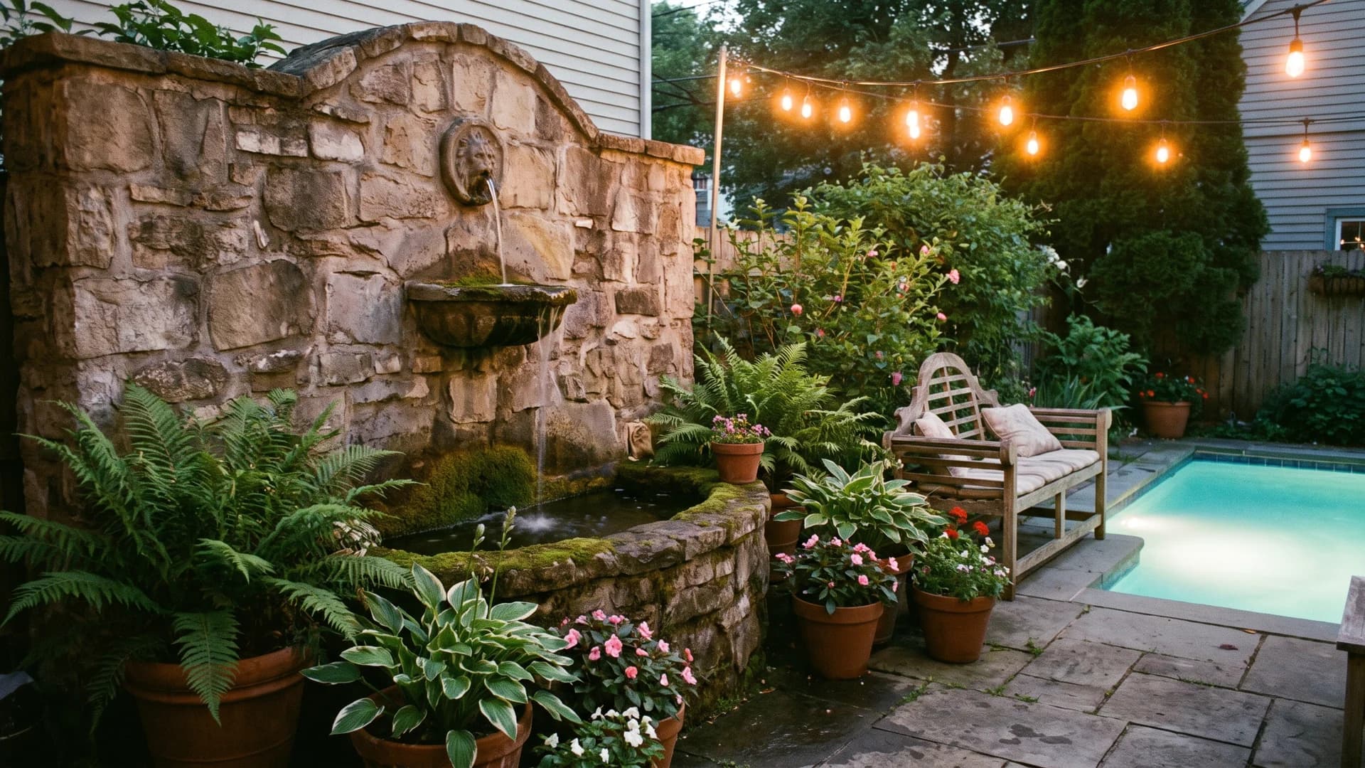 Small stone wall fountain beside a pool seating area