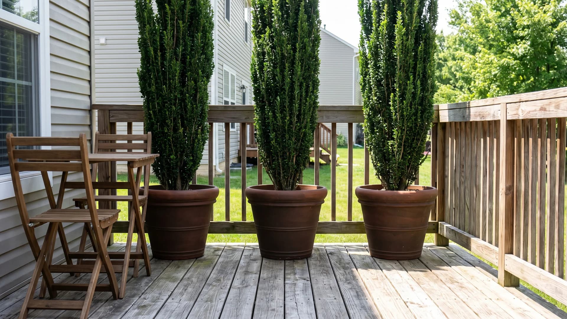 Row of three large containers with columnar evergreens screening one side of a raised deck
