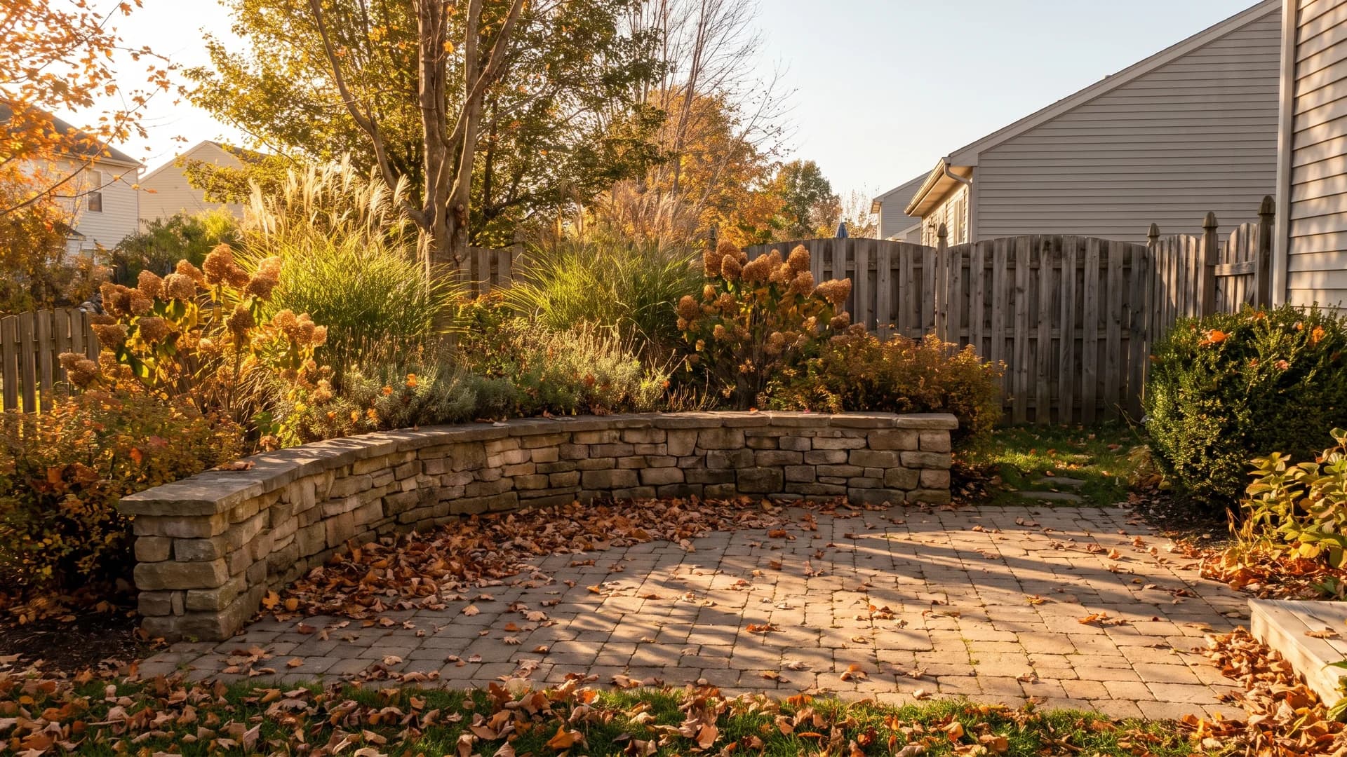 Curved stone seat wall with grasses planted behind it enclosing a small patio seating area
