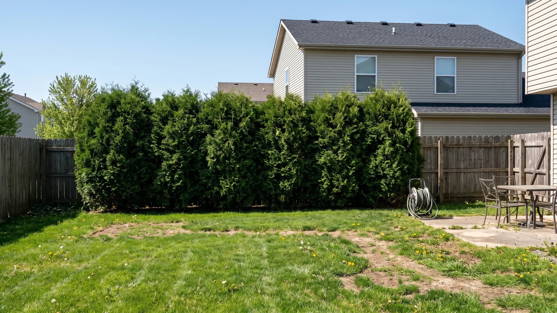 Row of Green Giant arborvitae forming a solid evergreen hedge along a suburban backyard property line
