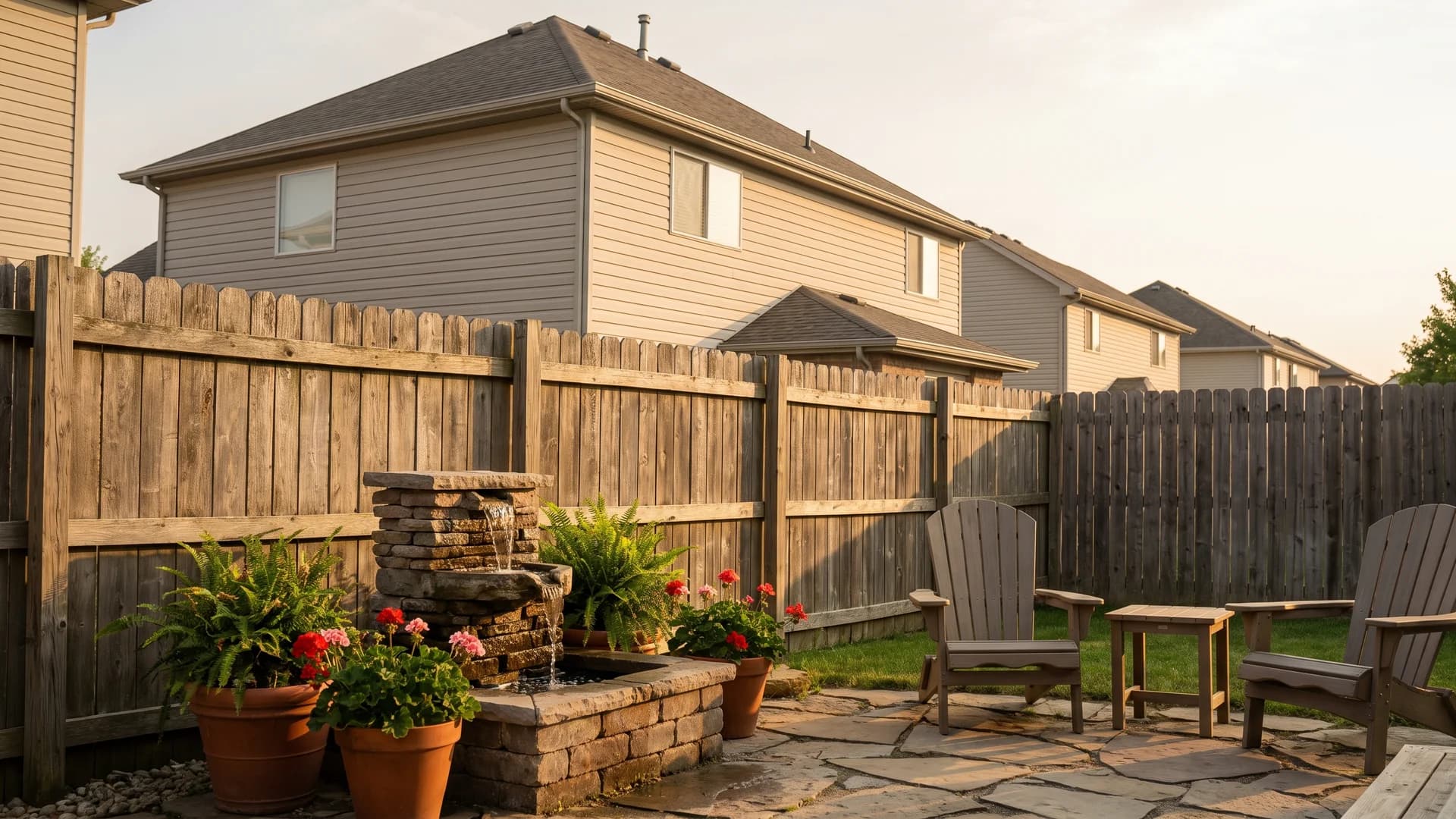 Small recirculating stone fountain beside a shared fence next to a patio seating area