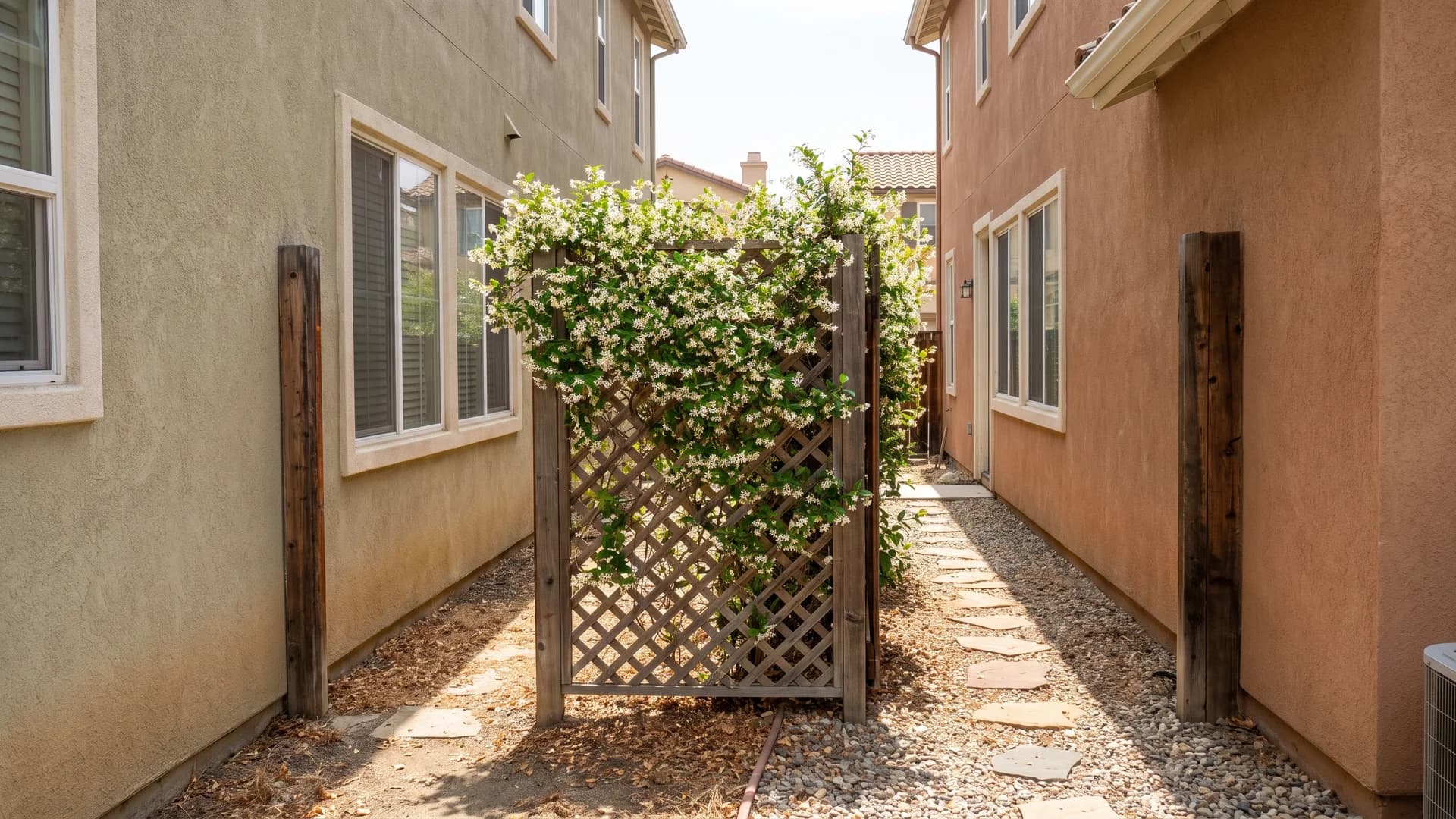 Freestanding lattice screen panel with star jasmine climbing it in the narrow gap between two houses