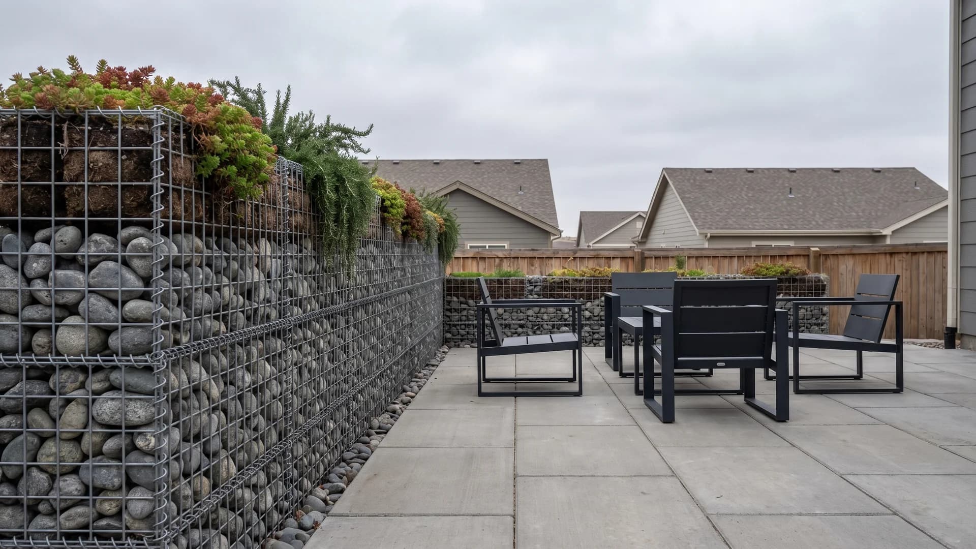 Gabion wall of wire baskets filled with stone screening a patio, with sedum planted in the top pockets