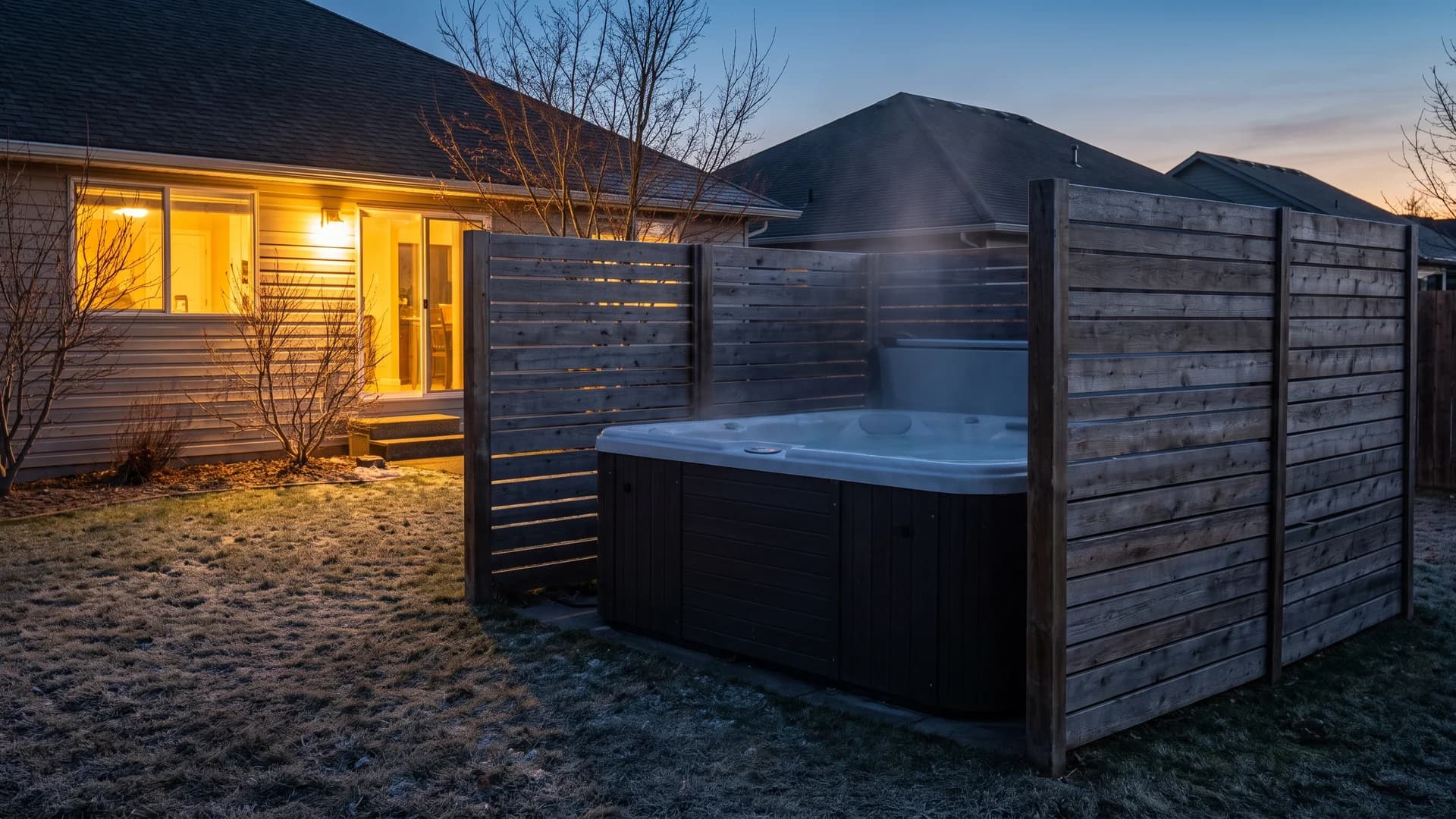 Three slatted wood screen panels wrapping a hot tub corner with one side left open to the yard