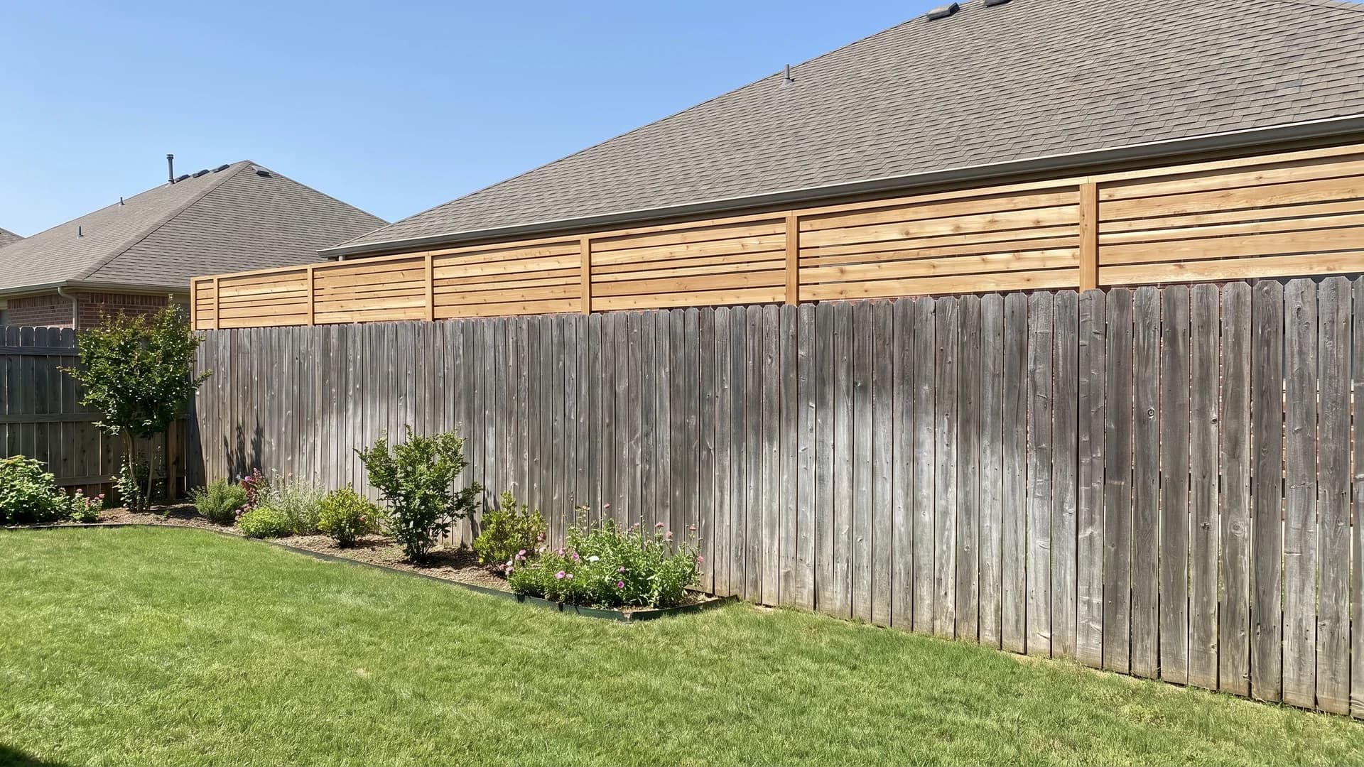 Two-foot horizontal slat topper added to the top of an existing six-foot wood privacy fence