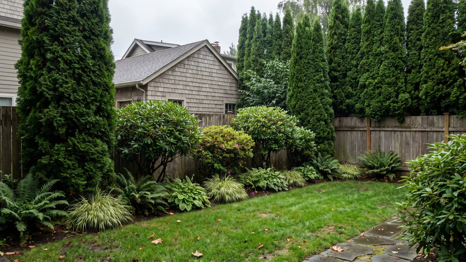 Three-tier planting bed with tall shrubs, mid-height shrubs, and low perennials screening a neighboring yard