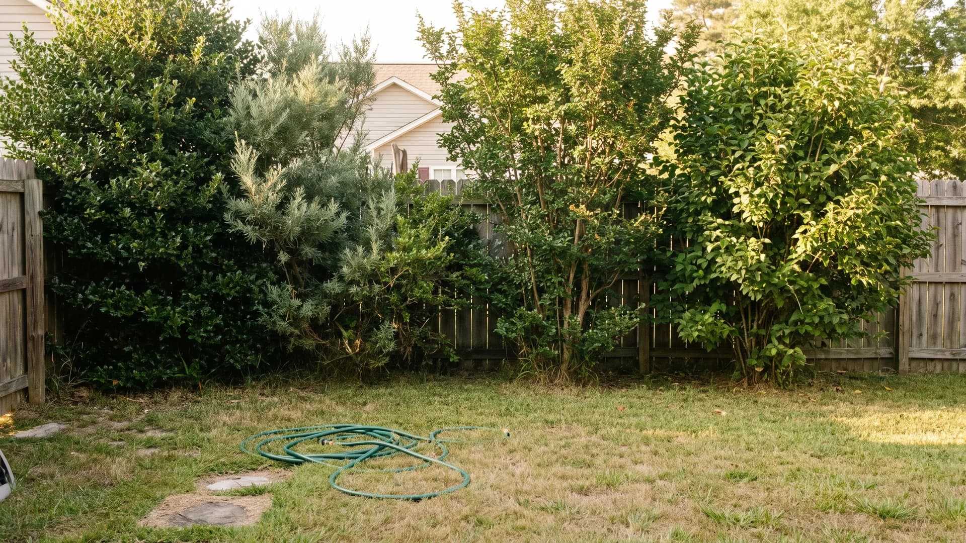 Informal screen of holly, wax myrtle, and viburnum shrubs staggered along a back property line in early summer