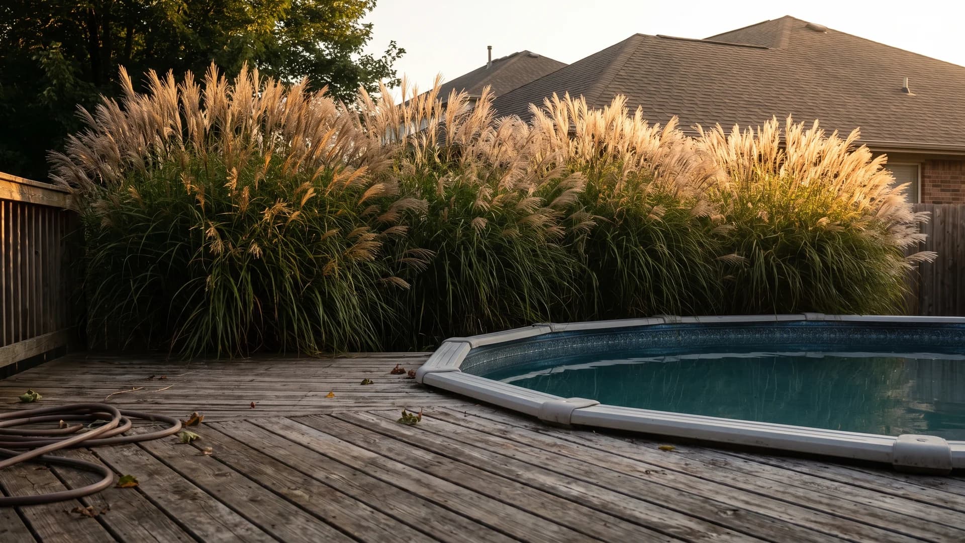 Tall miscanthus grasses screening a pool deck in late summer with plumes above eye level