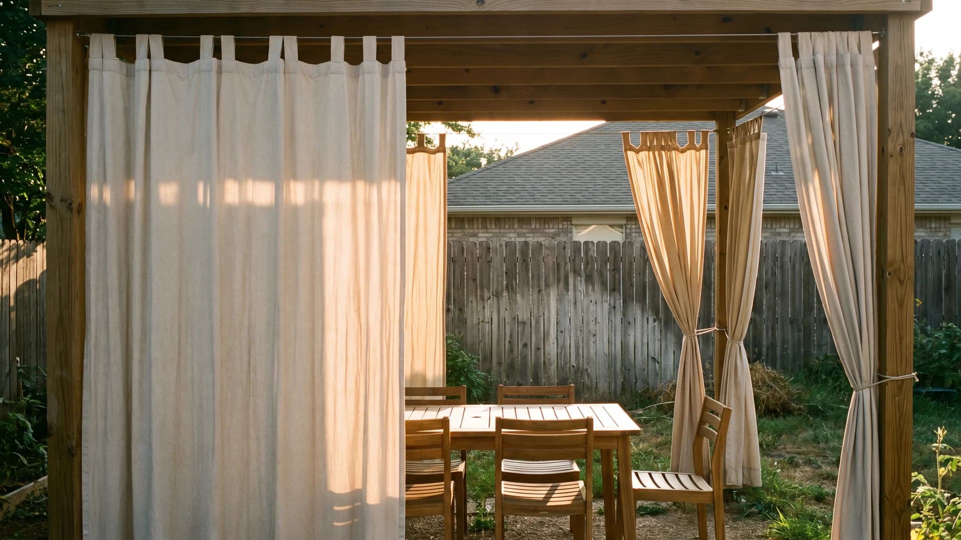 Outdoor curtain panels hung between pergola posts, one side drawn closed beside a dining set