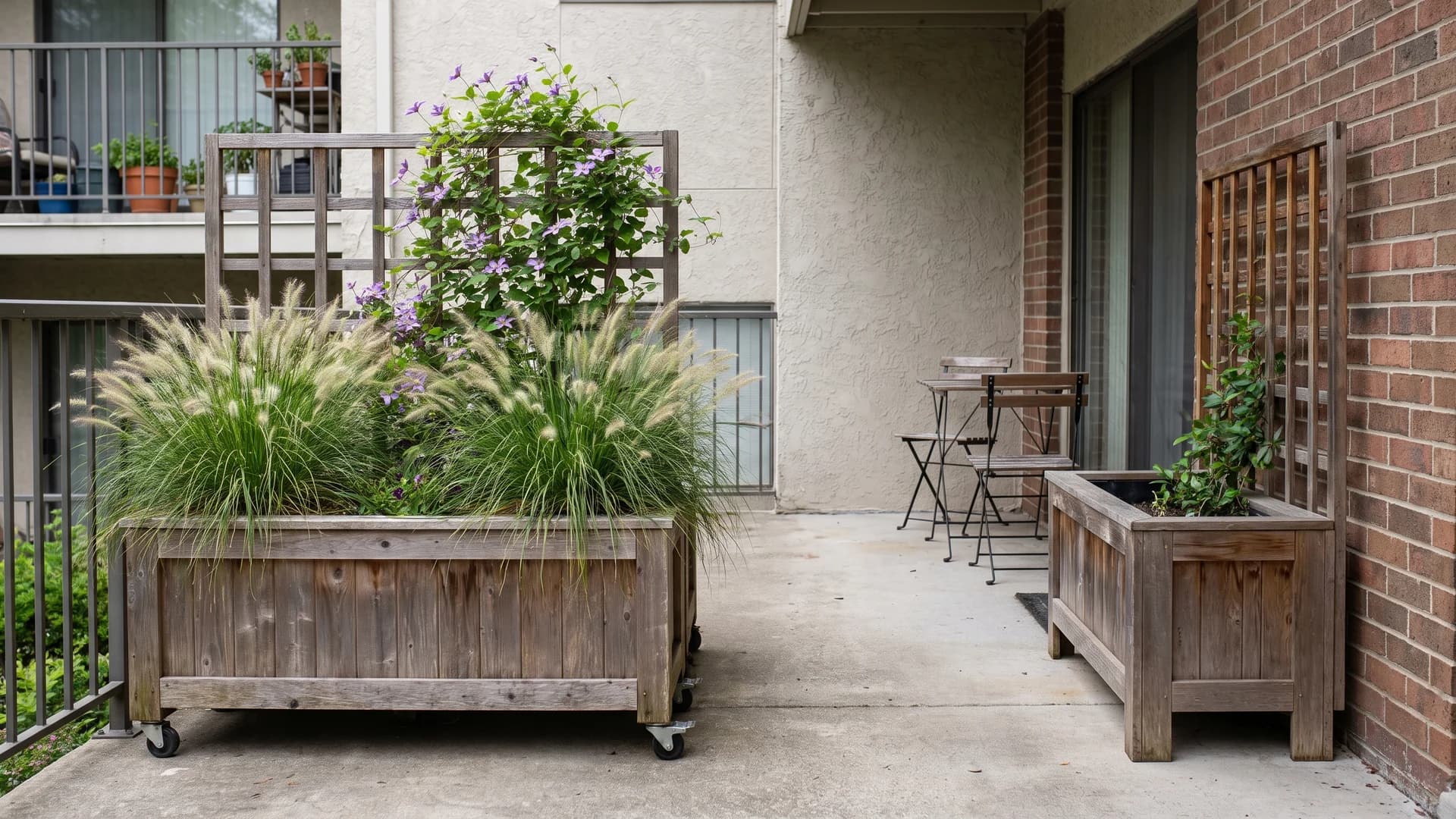 Wooden planter box with a trellis back on locking casters screening one side of a small rental patio