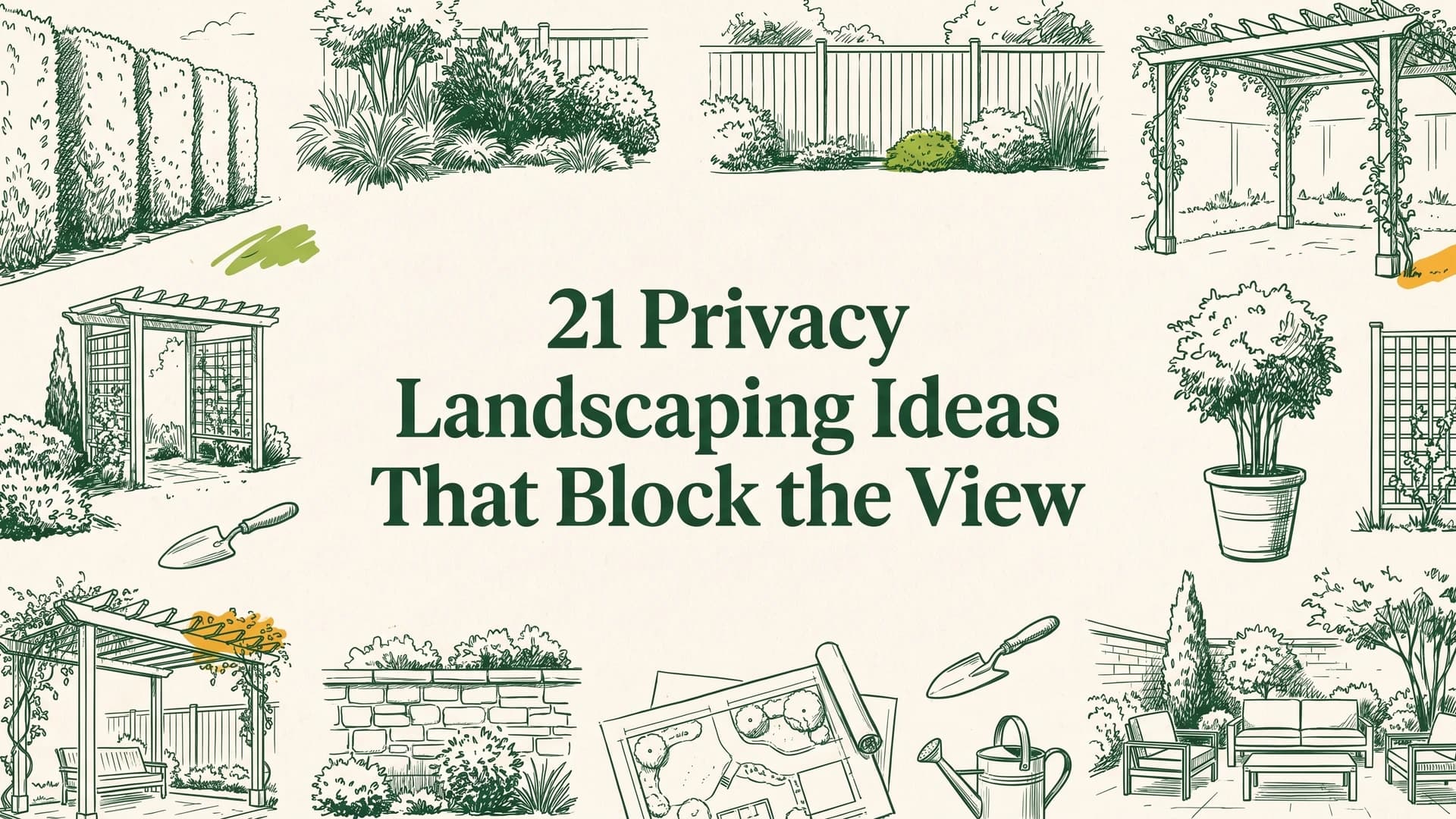 Privacy landscaping ideas including an evergreen screen, a planted berm, and a slatted patio screen in a suburban backyard