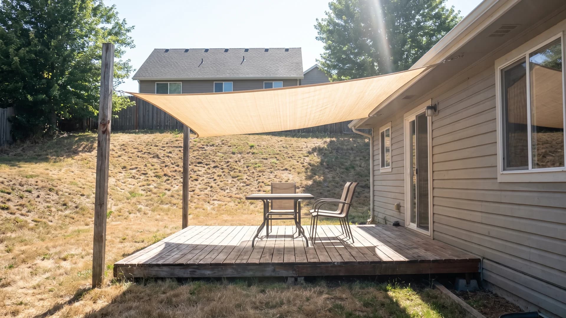 Triangular shade sail stretched over a patio, blocking the view down from an uphill neighboring house