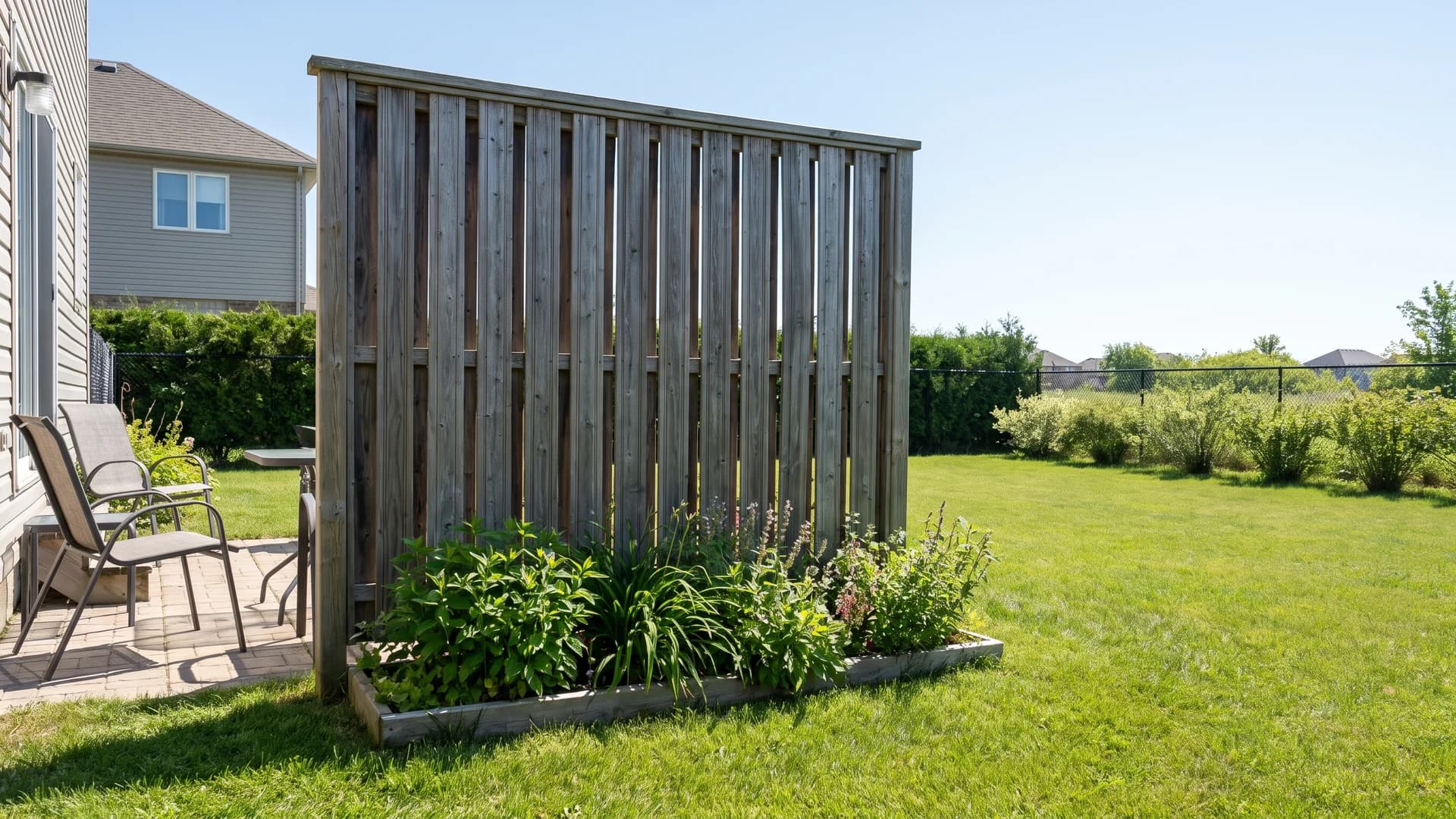 Patio seating area with a single screen panel placed to block one neighboring window while the rest of the yard stays open