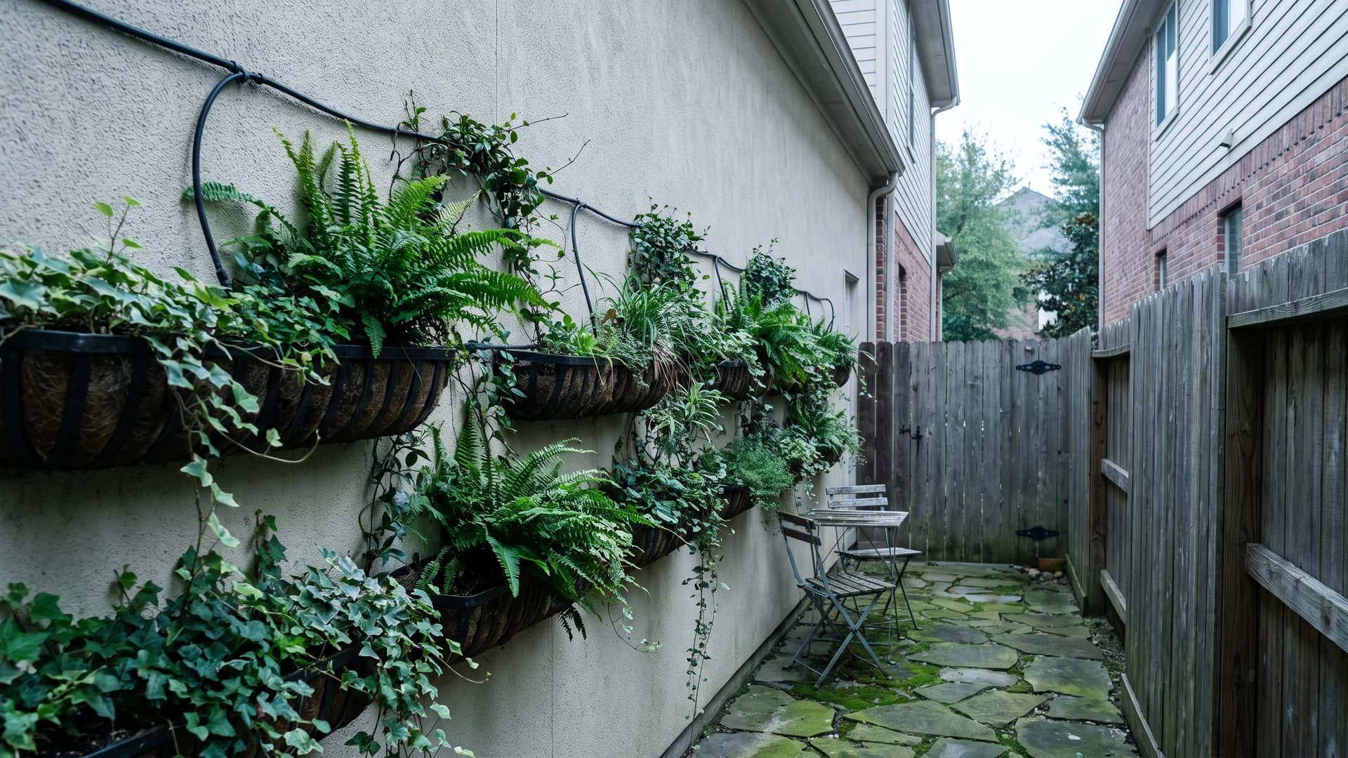 Vertical garden of wall-mounted planting troughs covering a blank side wall beside a narrow patio